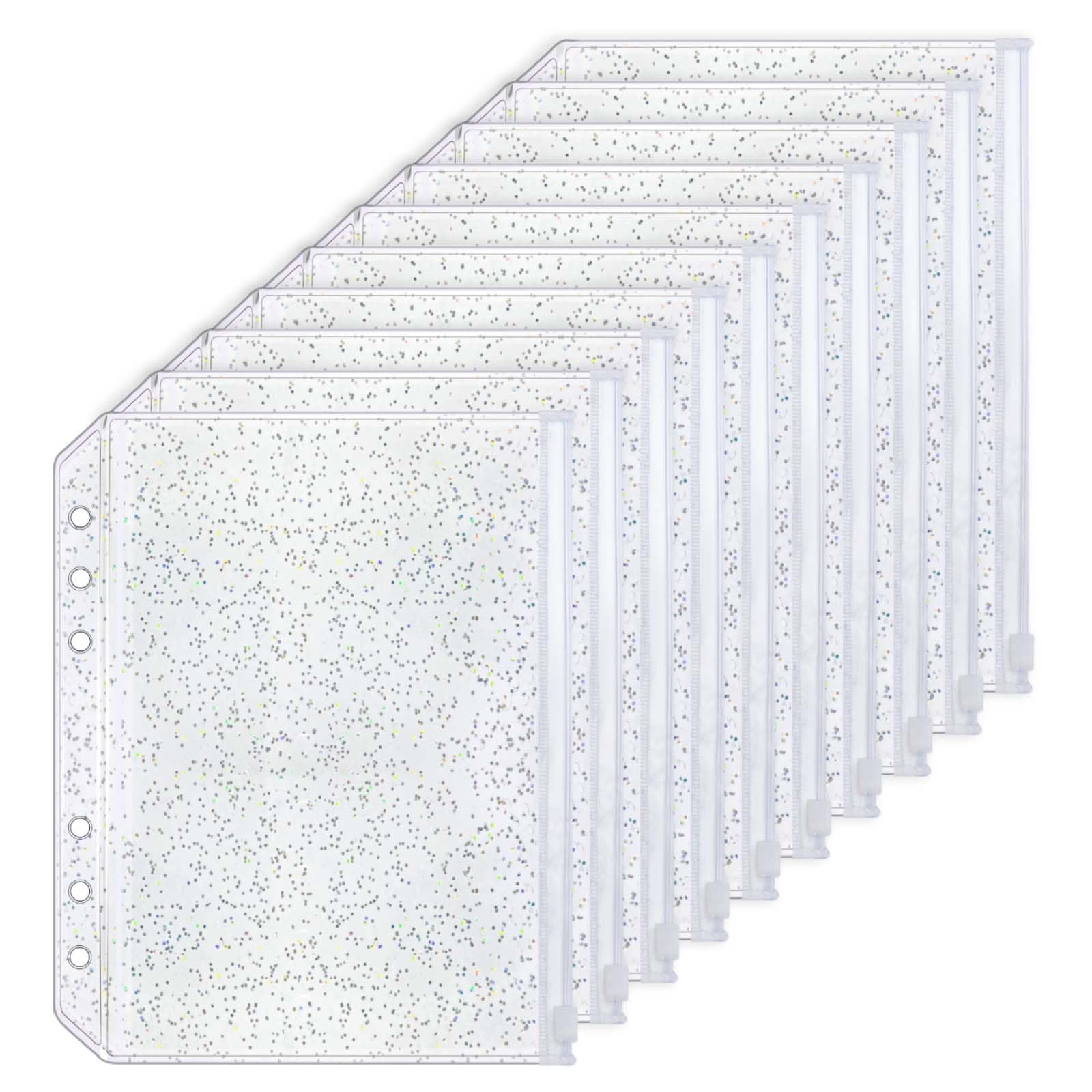 10pcs A5 Cash Stuffing Envelopes Zipper Binder Pockets Clear Glitter PVC 6 Hole Zip Sleeves Loose Leaf Pouches for 6 Ring Binder Planner (A5 5.91" x