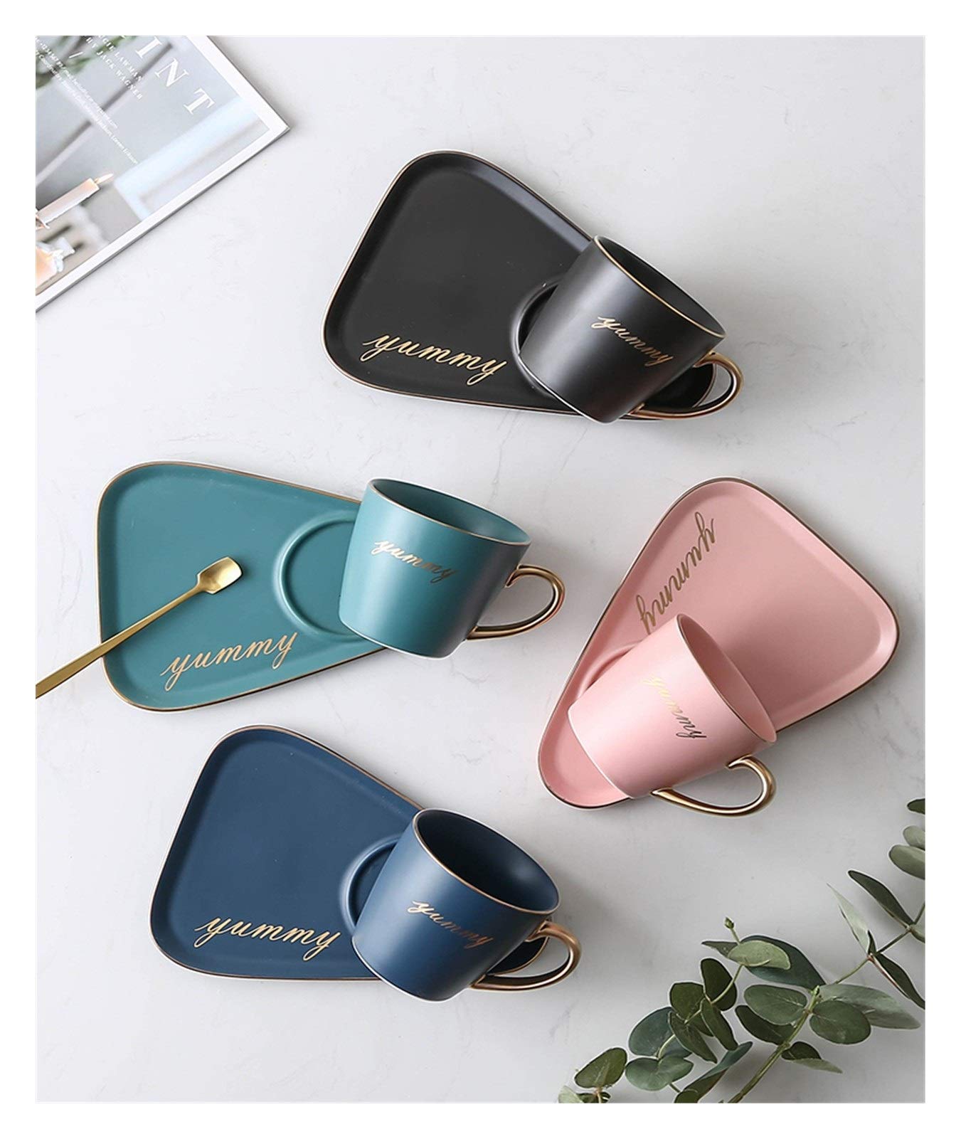 Tazas de café grandes de cerámica, Juego de taza y platillo for té café con cuchara en caja regalo multicolor(Roze)