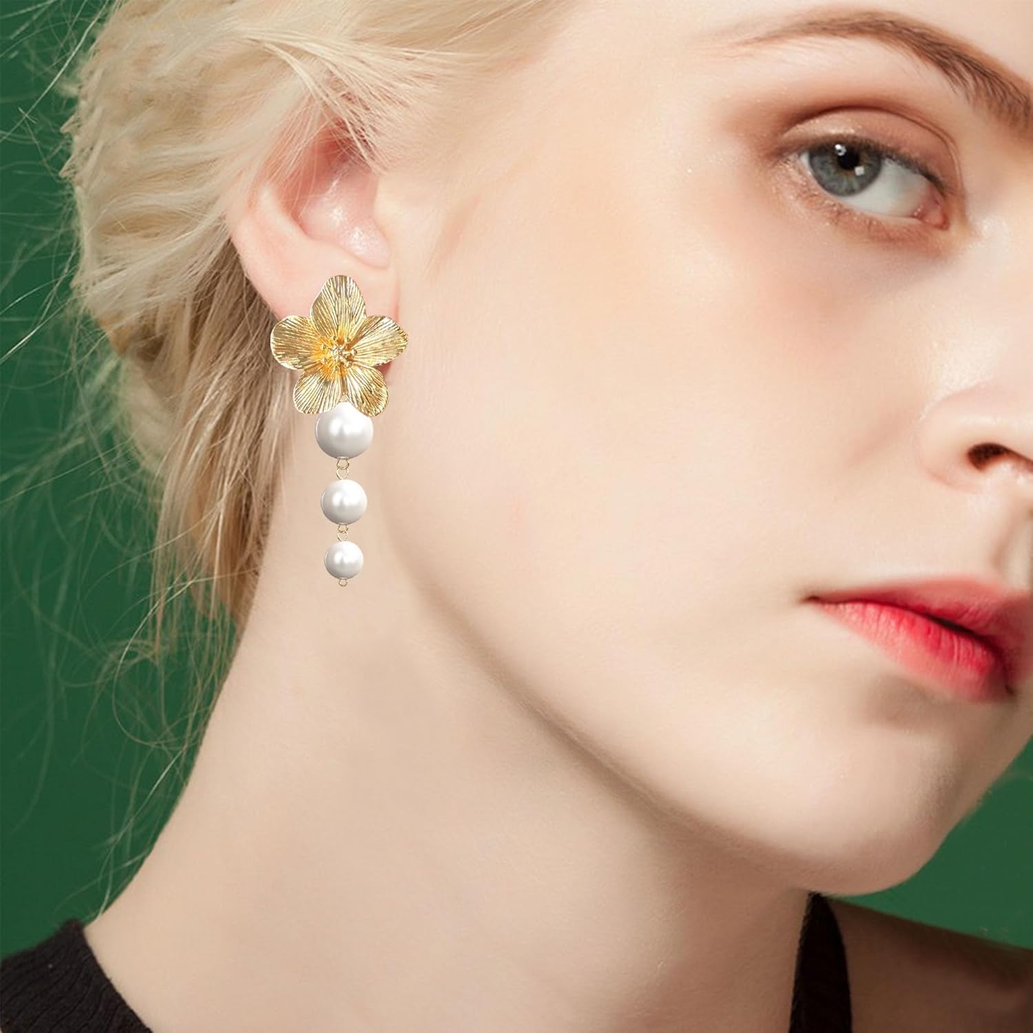 Floral Pearl Statement Earrings For Women Flower Large Stud Dangle Drop Earrings Boho - Image 3