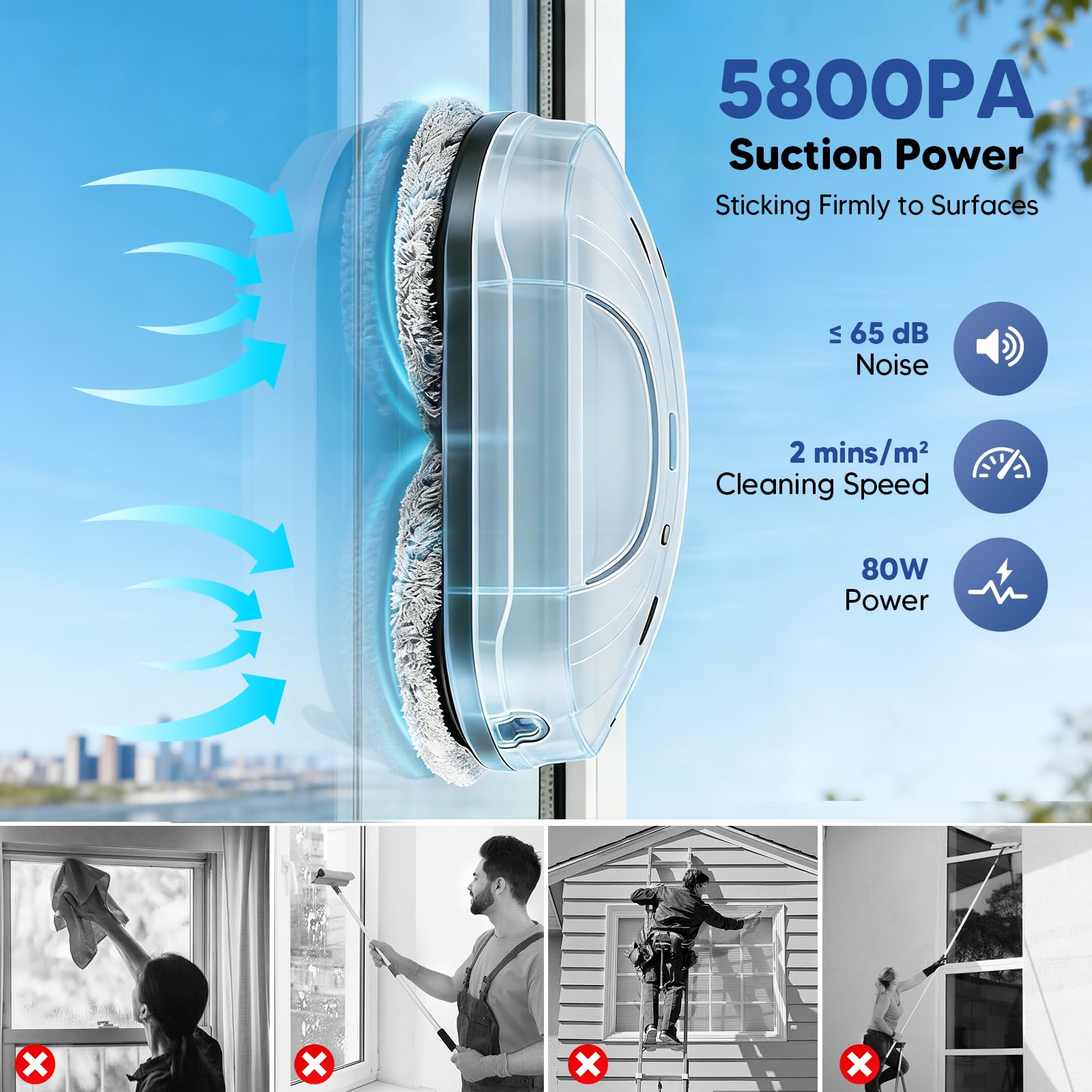 Robot Limpiacristales Automático 5800Pa, Limpiador de Ventanas Eléctrico con Doble Pulverizador, Navegación Inteligente, 3 Modos, Seguridad Anticaídas, Mando&10 Paños Lavable, para Cristales