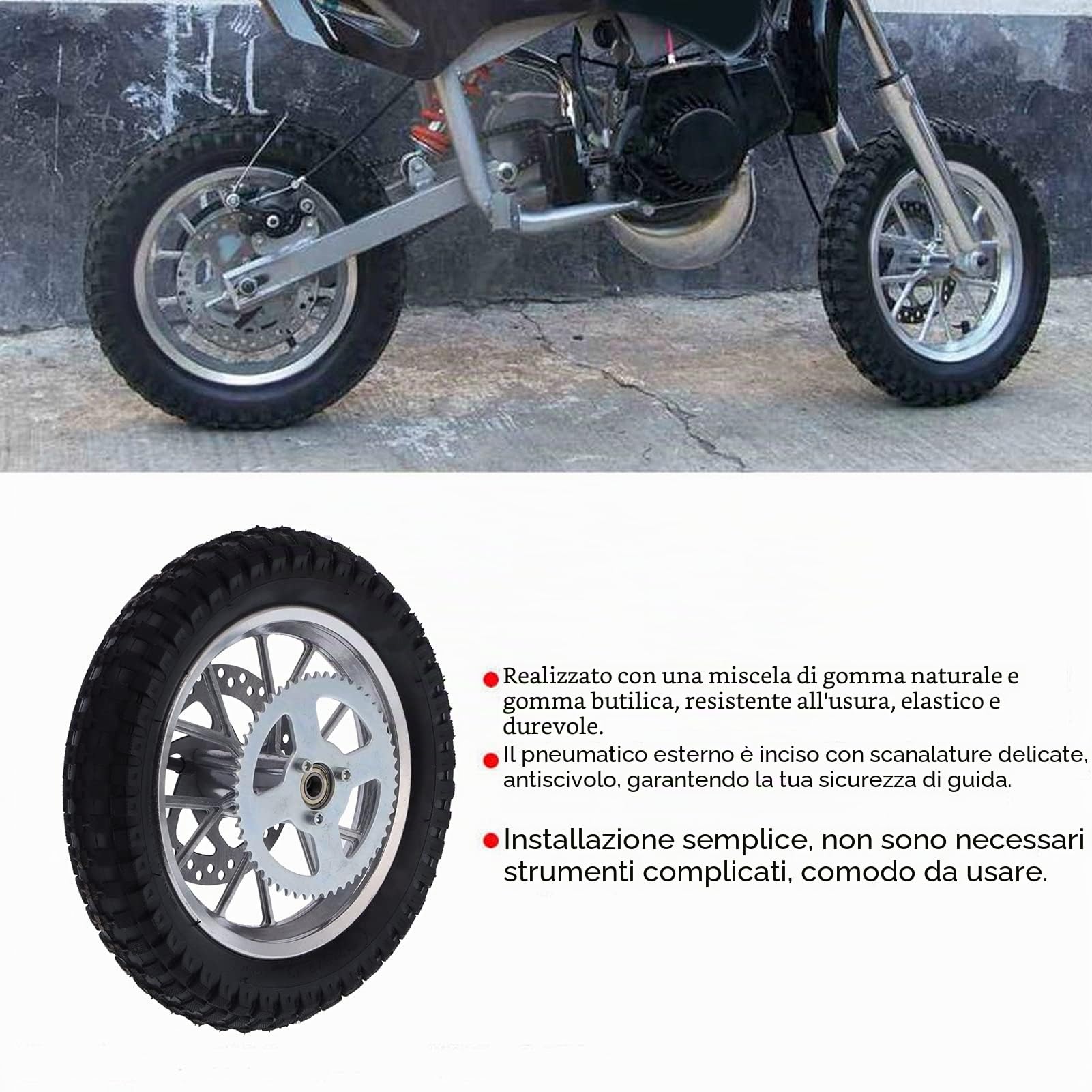 Pneumatico per Cerchione Posteriore da 12,5x2,75 Pollici con Gruppo Cuscinetto da 12 Mm, Ruota Posteriore per Mini Bici da Cross a 2 Tempi, Disco Freno in Gomma e Pignone (A