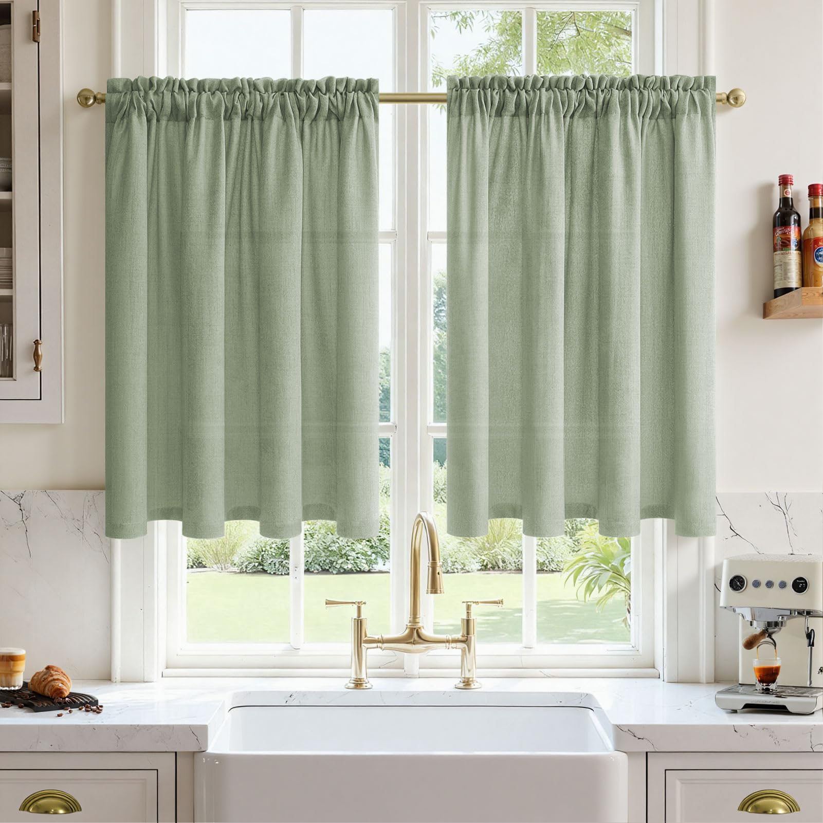 MRTREES Leinen Gardinen Kurz mit Bleiband, Landhausstil Vorhang Halbtransparent für kleine Fenster mit Stangendurchzug Leinenoptik Gardinen für Küche und Bistro