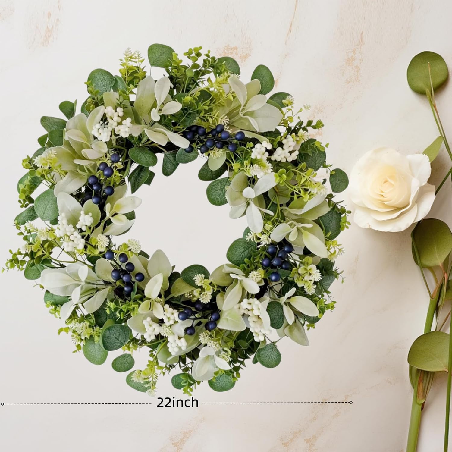 22 Inch Wreaths for Front Door, Green Spring Summer Wreath with Faux Lamb's Ear, Eucalyptus Leaves, White & Blue Berries, and Blossoms – All-Season Porch, Wall, Home, Farmhouse Decor