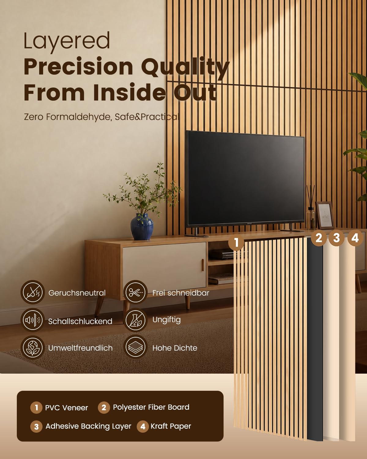 Soundsbay Akustikpaneele Selbstklebend 2.88 m²-4 Stück 120×60×0.9cm Oak | Akustikplatten Wandpaneele aus Groß Schallschutzplatten für Akustische Behandlung und Wanddekoration