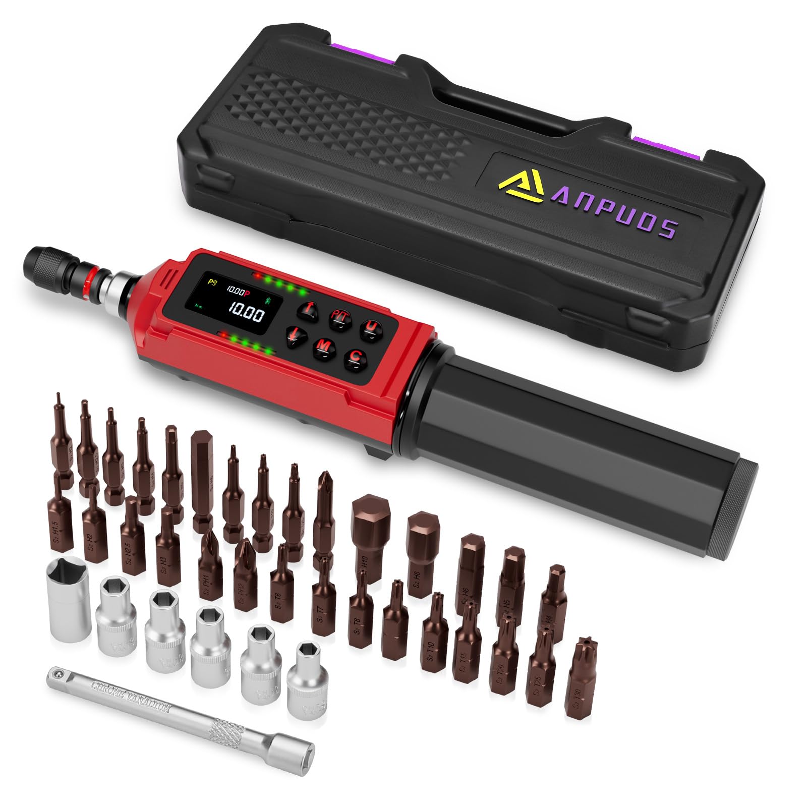 ANPUDS Cacciavite Dinamometrico Digitale, 0,15-10Nm Cacciavite Dinamometrico Regolabile, ±1% Precisione con Maniglia Vibrante, Cicalino e LED, 1/4" Chiave Dinamometrica Elettronica Per Bicicletta Moto