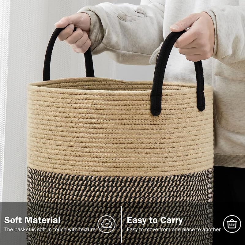 Image of Storage Rope Laundry Hamper Basket for Clothes, Towels and Blankets in Livingroom, Bedroom, Laundry Room and Basket for Nursery Storage (Size - 14 inch x 14 inch x 18 inch) (Beige Black Mix)