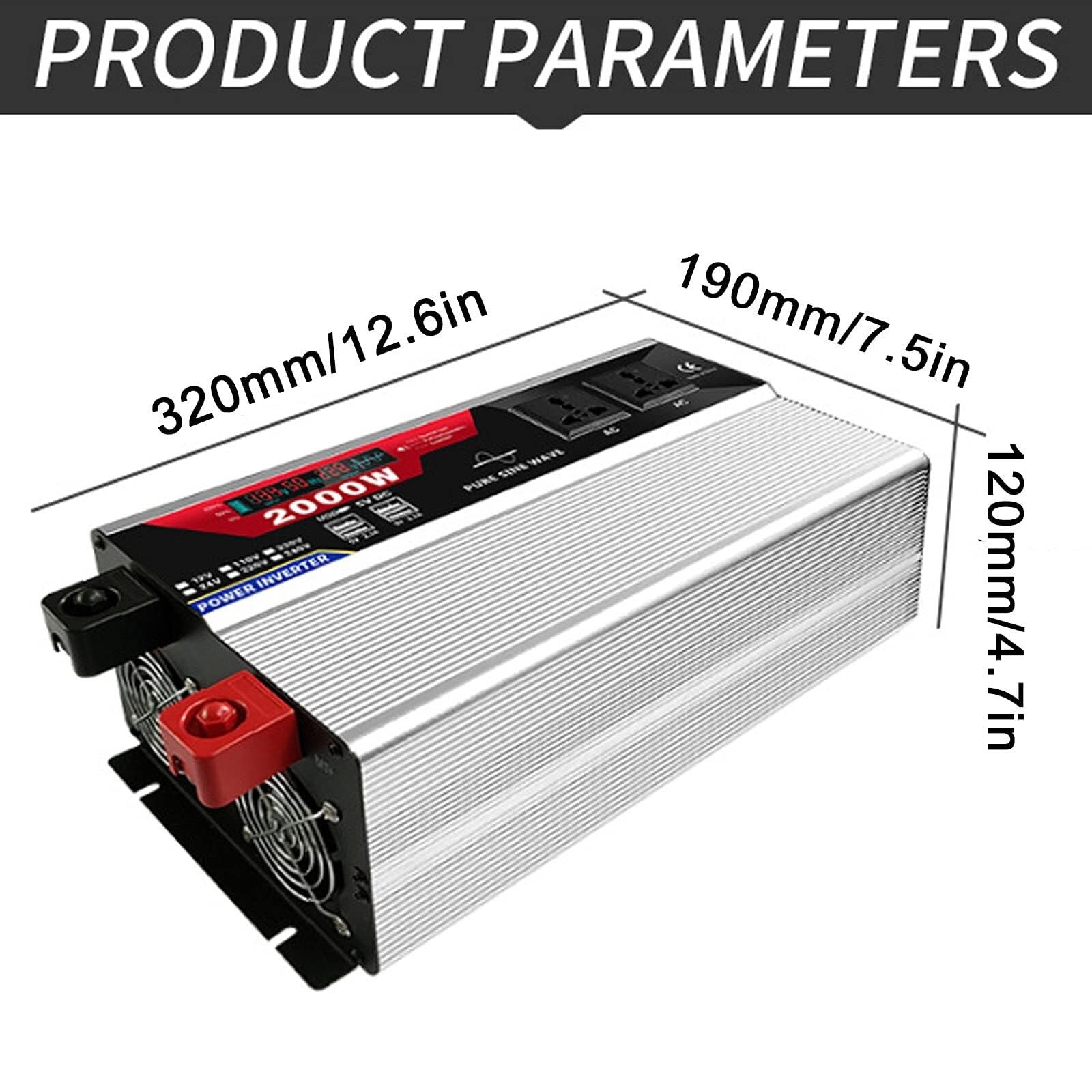 Falownik mocy czystej fali sinusoidalnej, konwerter DC 12V/24V na 110V/220V z 6 portami USB i 2 gniazdami AC, pilotem zdalnego sterowania (12Vto110V,2000W)