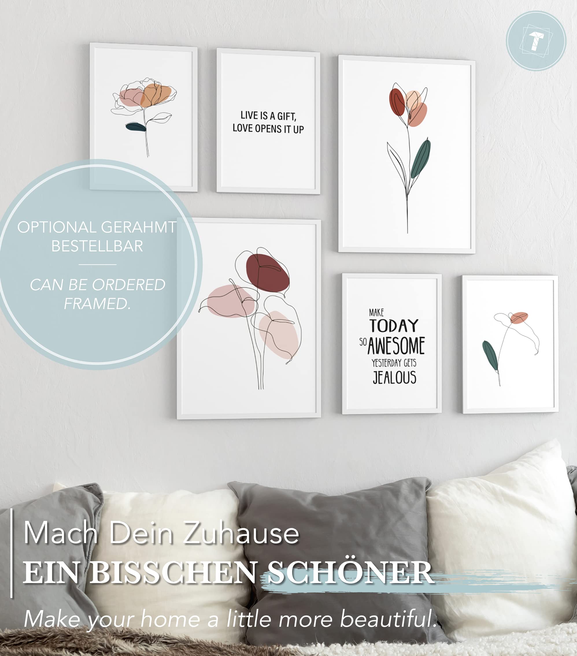Papierschmiede® Mood Poster Set Blumen Abstrakt, Bilder Wohnzimmer Deko Schlafzimmer, 2x DIN A2 und 4x DIN A3, Zeichnung Gemälde Rose Tulpe - Wandposter ohne Rahmen