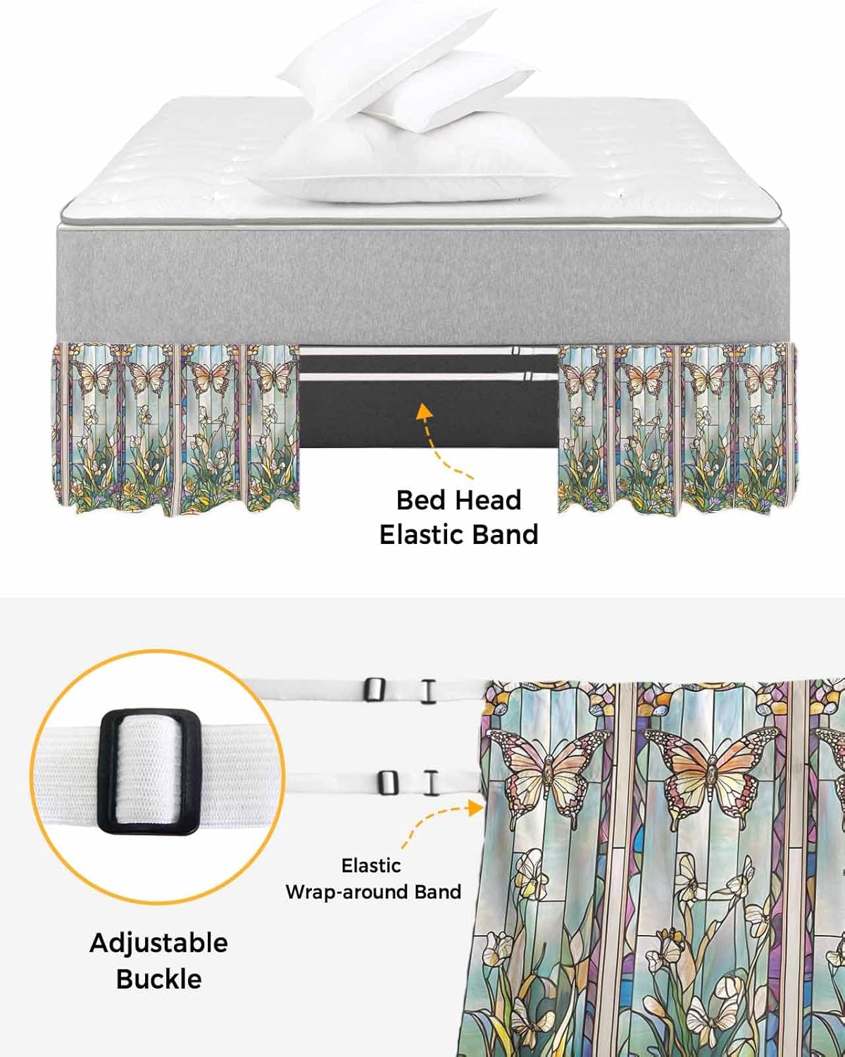 Butterfly Stained Glas Bed Skirt King Size 16 Inch Drop, Adjustable Elastic Wrap Around Bed Skirts Easy Fitting Dust Ruffle Bedskirt Bed Frame Cover Summer Butterflies Botanical Vintage