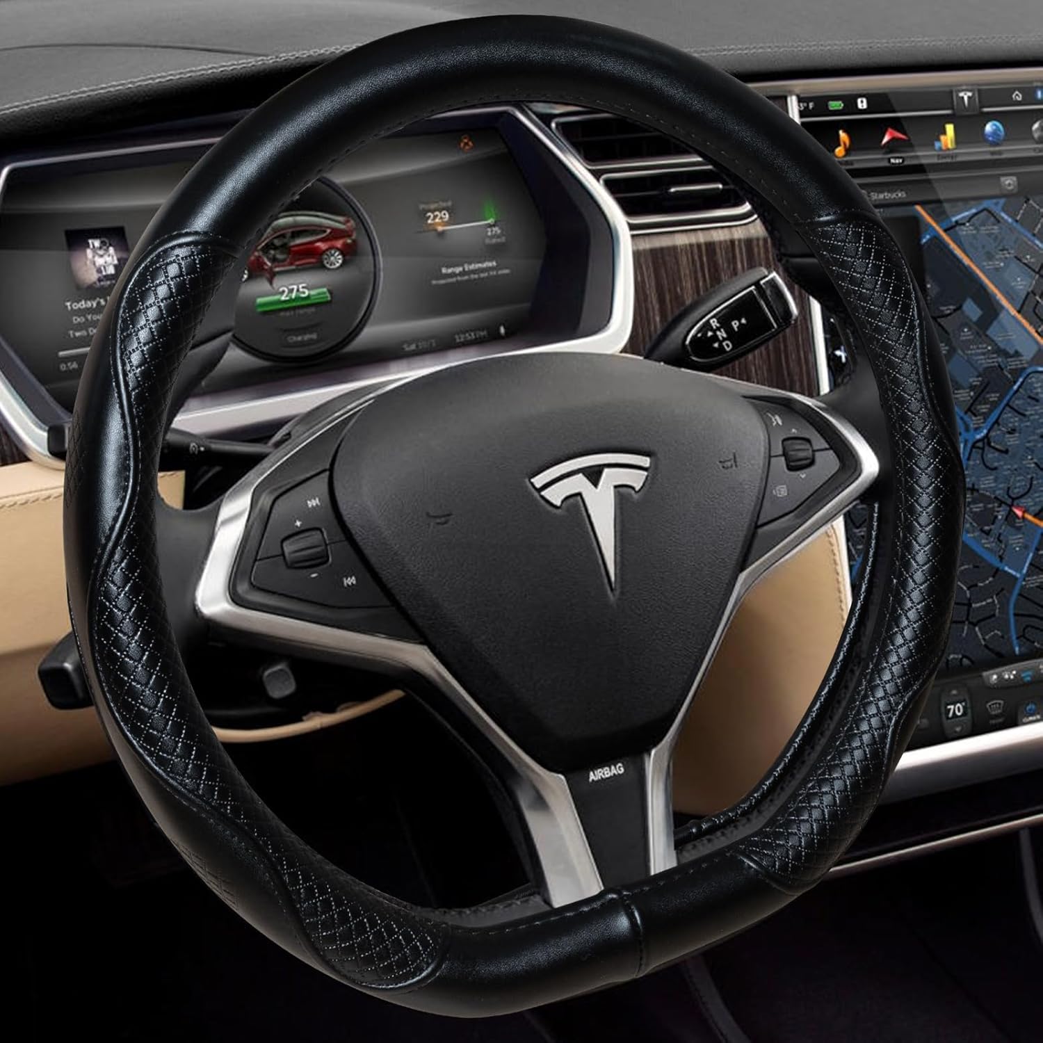 Heavy Duty Pure Cowhide Steering Wheel Cover for Tesla Model Y/3 2016-2025 2026 Highland/Juniper, Black,14 Inch Small Sized, Custom-Fit Genuine Leather Steering Wheel Cover for Tesla Black