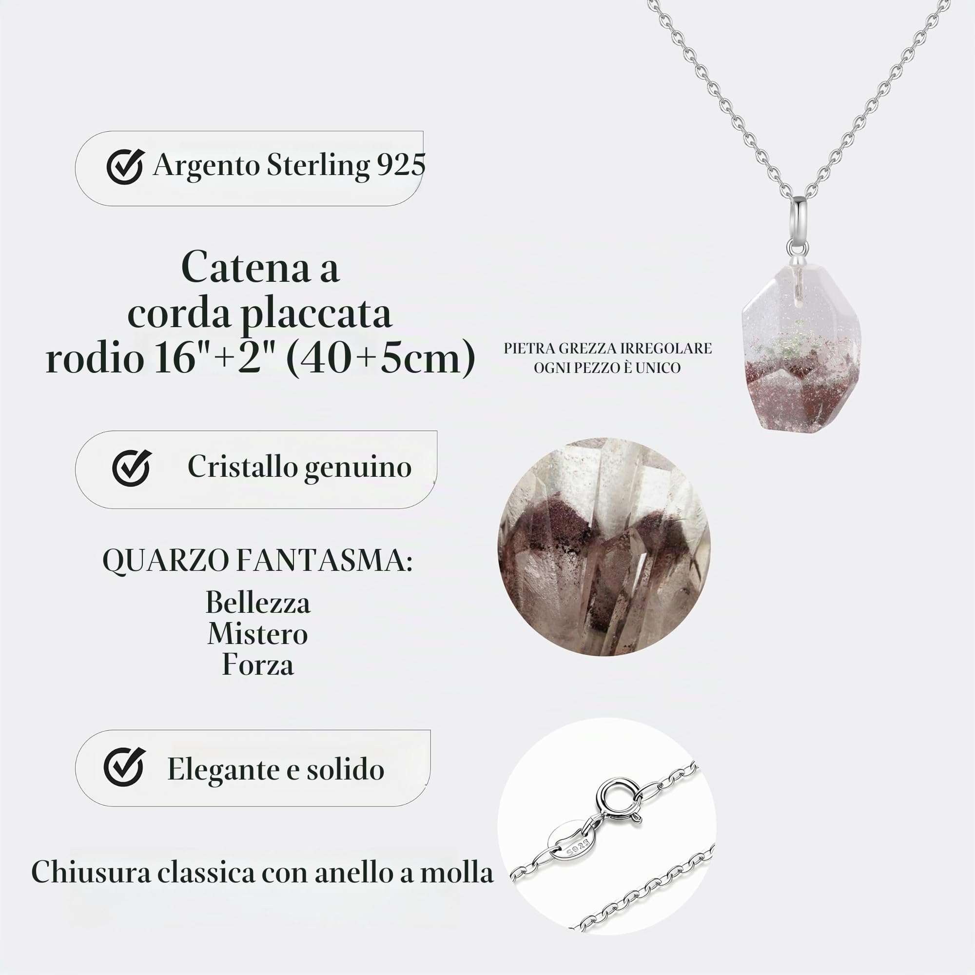 COAI Collana da Donna in Argento 925 con Ciondolo Quarzo Fantasma Pietra Grezza, Collana Pietre Naturali da Donna
