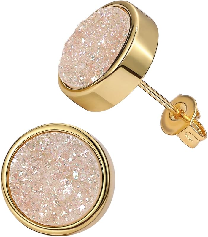 10mm 24K Gold Plated Natural Druzy Stud Earrings for Women AB Opal Color Plated Piercing Earrings
