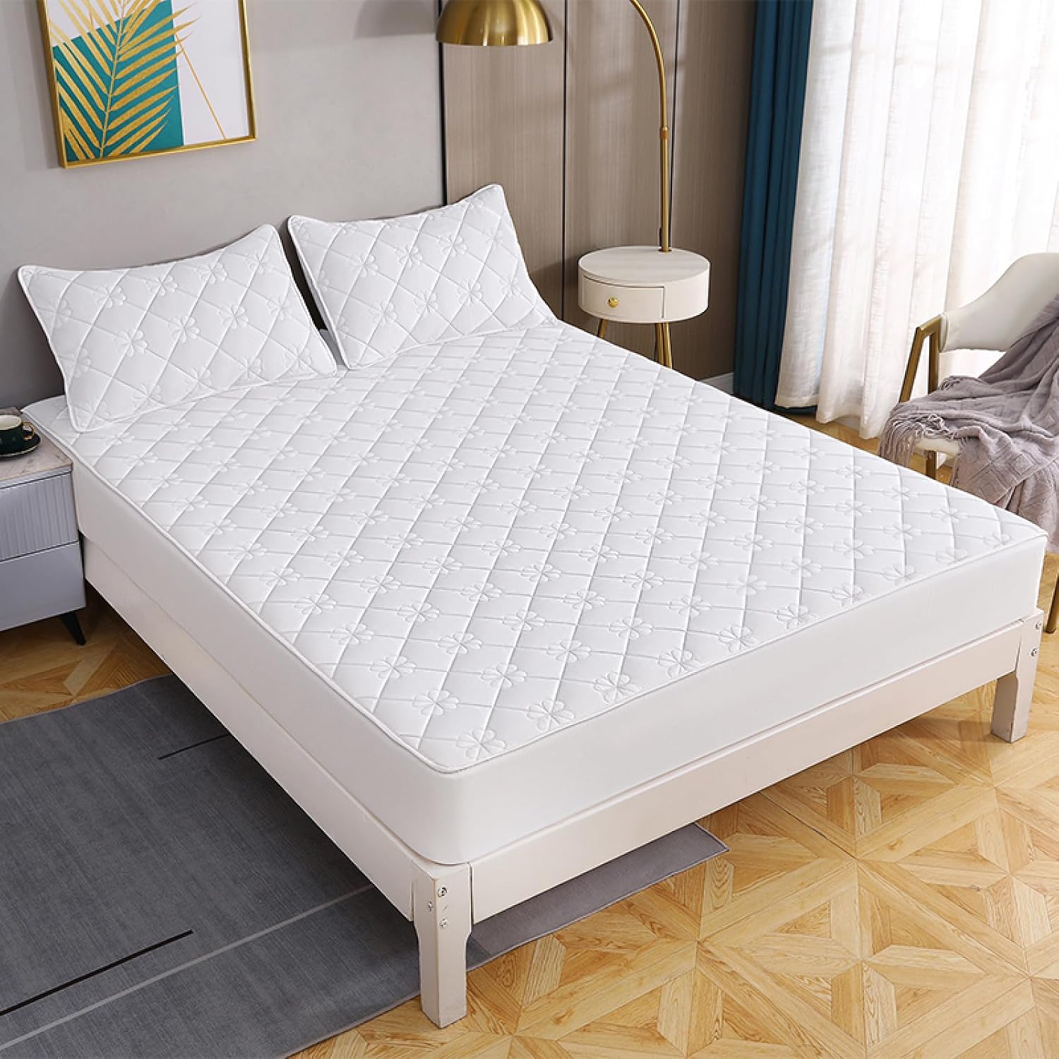 FCLDESHOP Deep Pocket Queen Size Sheets,Thickened Quilted Solid Color Fitted Bed Sheet, Animal Print Box Spring Bed Cover for Children's Room,White 1,120cmx200cm+25cm (1pcs)