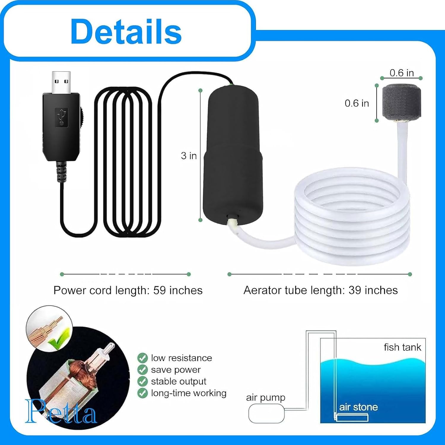 USB Adjustable Oxygen Air Pump for Aquarium, Quiet Mini Air Pump with 1 Sponge Filter, 1 Air Stone for Shirmp Nano Fish Tank & Transporting Aquatic PA153-1 image 5