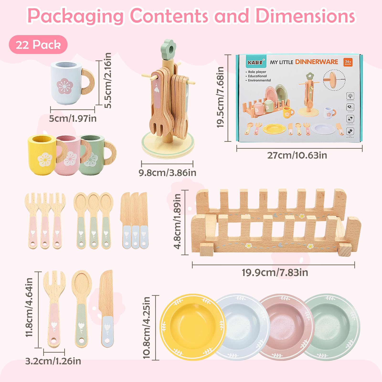 Cocina Juguete de Madera, 22 Piezas Accesorios Cocina Juguetes con Platos y Vajilla Pequeños, Juguetes de Cocina de Madera para Juegos de rol, Regalo para Niñas Niños 3+ Años