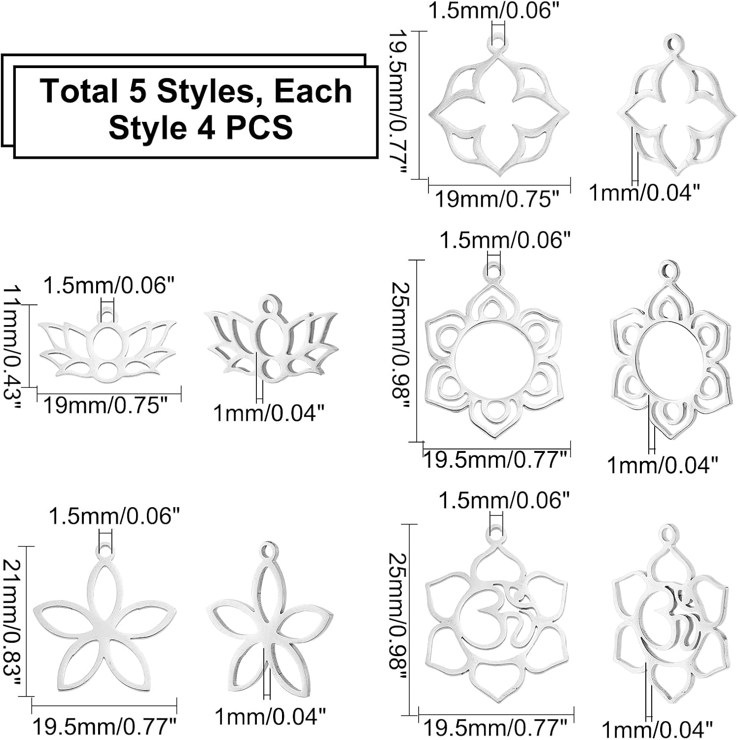 UNICRAFTALE 20pcs 5 Styles Flower Hollow Charm Open Back Bezel Pendants Stainless Steel Frame Charms Dangle Charms Yoga OM Lotus for Resin Pressed Flower Lucky Amulet Pendants for Jewelry Making - Image 5