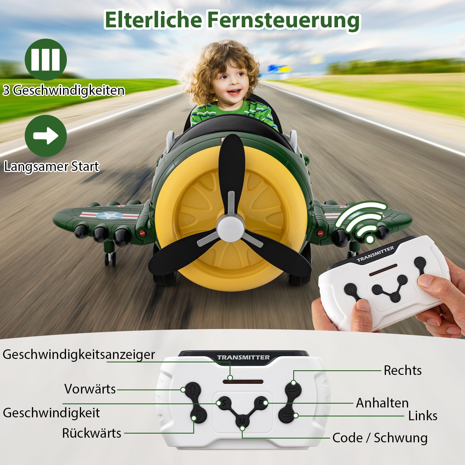 COSTWAY Kinder Elektroauto im Flugzeug-Look, Elektroflugzeug Aufsitz mit Fernsteuerung, Kinderfahrzeug mit Joysticks & Tragflächen & Propeller, Elektroauto für Kinder ab 3 Jahren (Grün + Gelb)