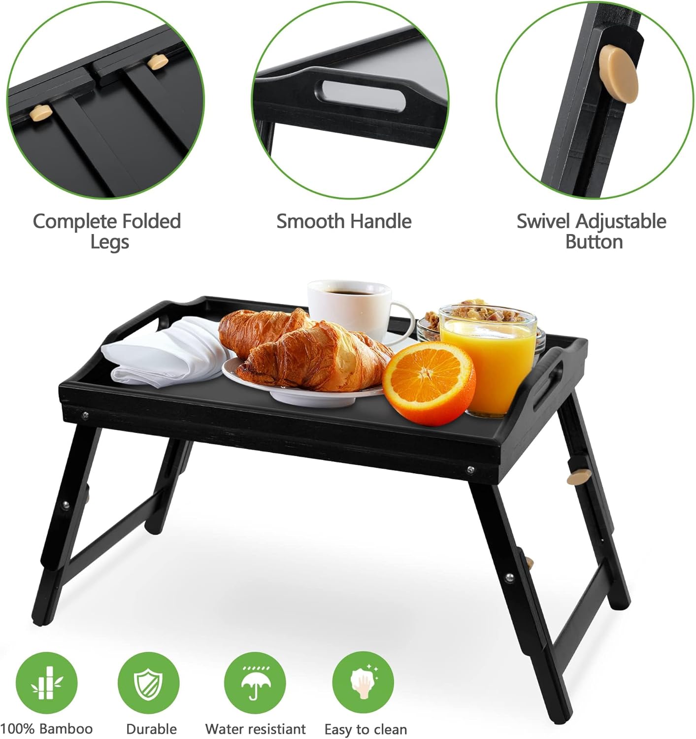 Mayyol Breakfast Bed Tray for Eating - Height Adjustable Raised Food Table - Bamboo Serving Tray on Lap Sofa - Portable Snack Platter with Folding Legs Ideal for Bedroom, Picnic - Black