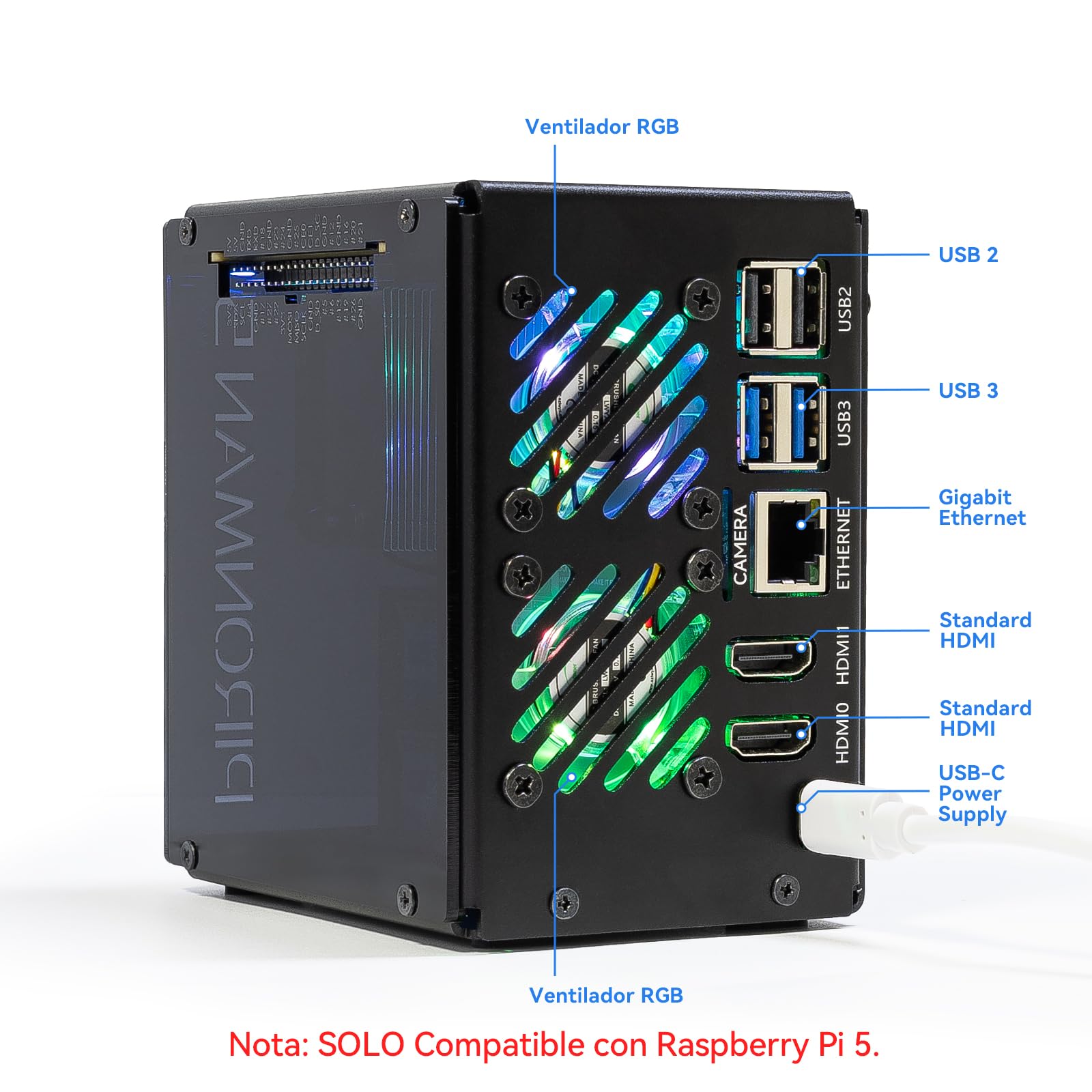 Pironman 5-MAX NVMe M.2 SSD PCIe Raspberry Pi 5 NAS RAID 0/1 AI acelerador Hailo-8L PWM ventiladores RGB 0,96" OLED Apagado seguro HDMI (RPI5 no incluido)