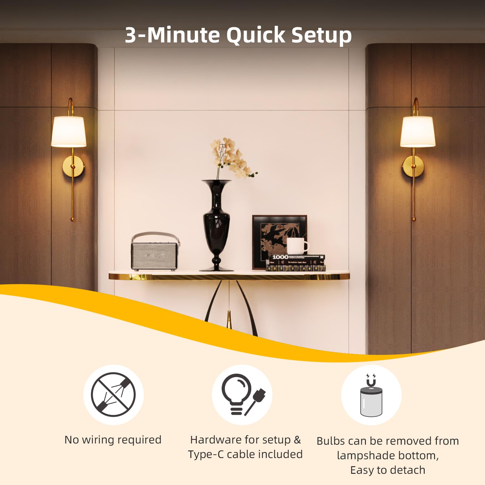 Battery Operated Gold Wall Sconces 2-Pack, 10000mAh RGB Rotate Wireless Rechargeable LED Wall Sconces With Remote Dimmable, 9 Color With Bubble