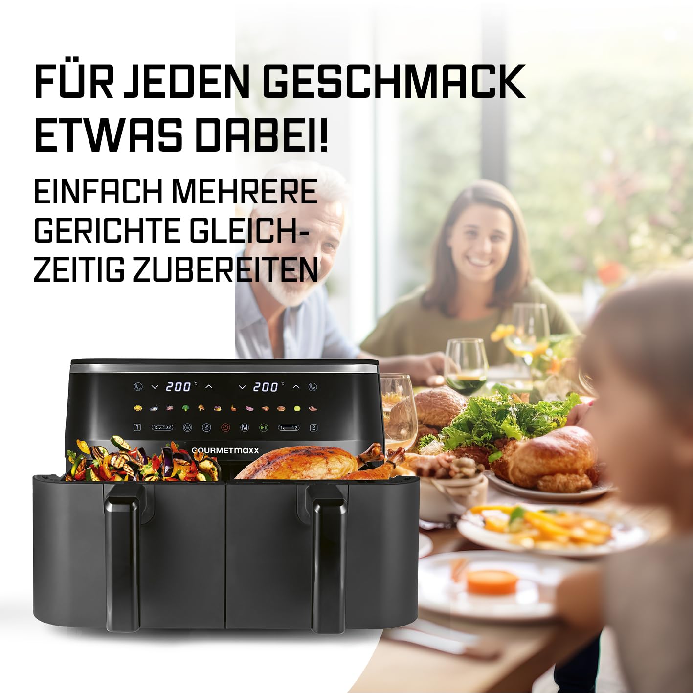 GOURMETmaxx Doppelkammer Heißluftfritteuse - 2 x 4,5 L | Synchro-Garzonen Airfryer | Fritteuse mit LED-Touchscreen, Farb-Icons | Heißluftfritteuse 2 Kammern mit 12 Programmen | fast ohne Öl frittieren