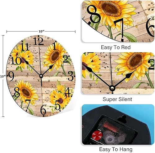 Miniatura 6 de Farm Sunflowers Bee - Reloj de pared de 10 pulgadas, silencioso sin tictac, funciona con pilas, reloj de madera con textura de girasol botánico de