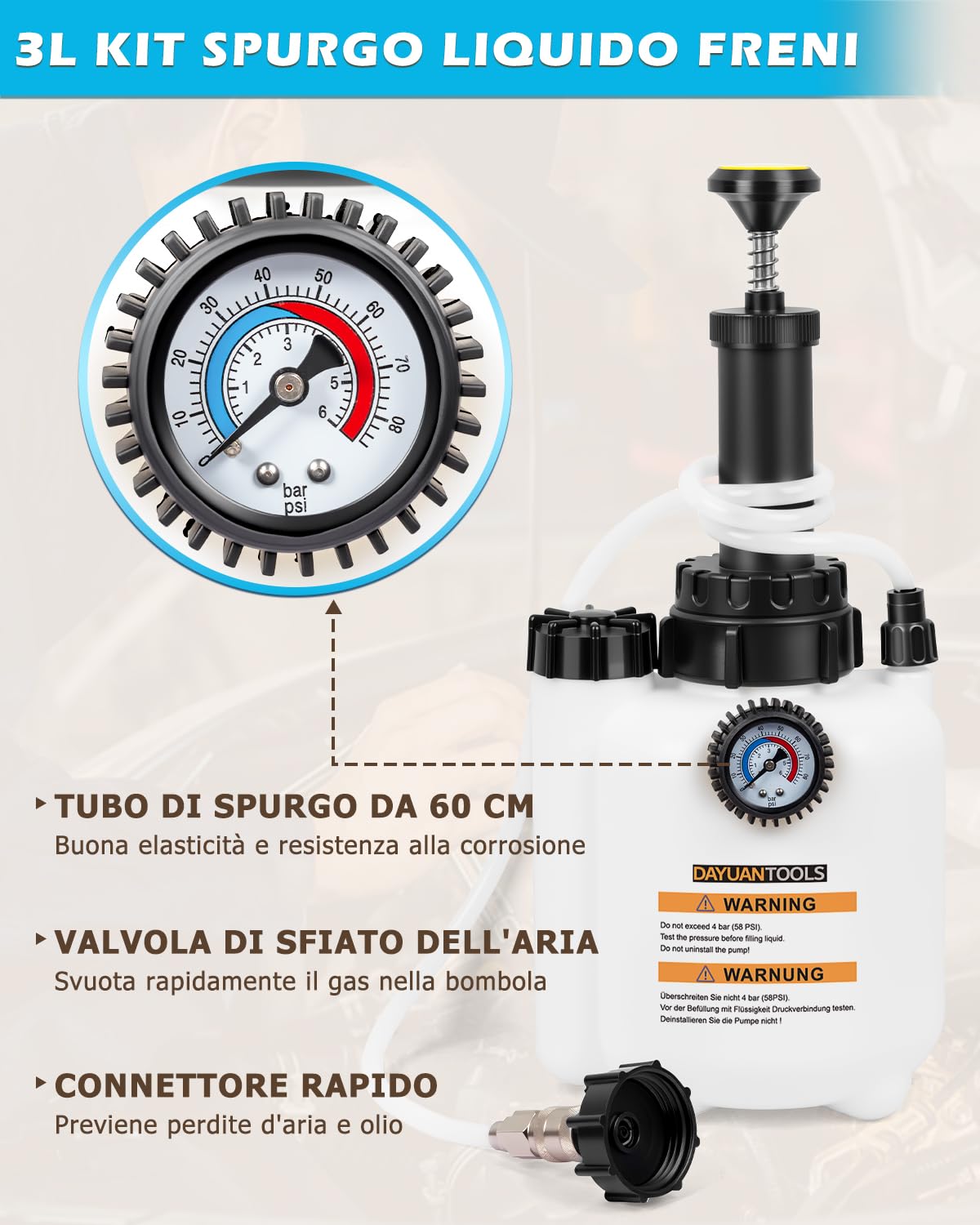 DAYUAN Spurgo Freni 3L Spurgo Freni Auto Cambio Liquido Freni con Contenitore 1L di Aspirazione per E20 (ø43mm)