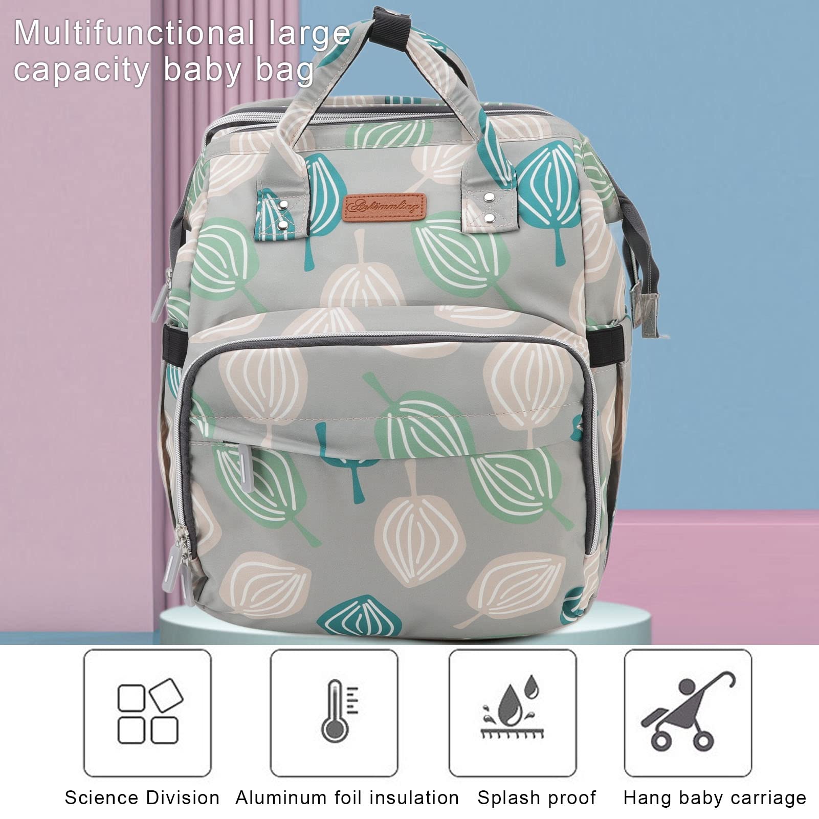 Borsa per il cambio del pannolino, zaino portatile per la culla con grande capacità di 20 litri, design multifunzionale e pieghevole, ideale per mamme e papà in viaggio con bambini (Modelli di foglie