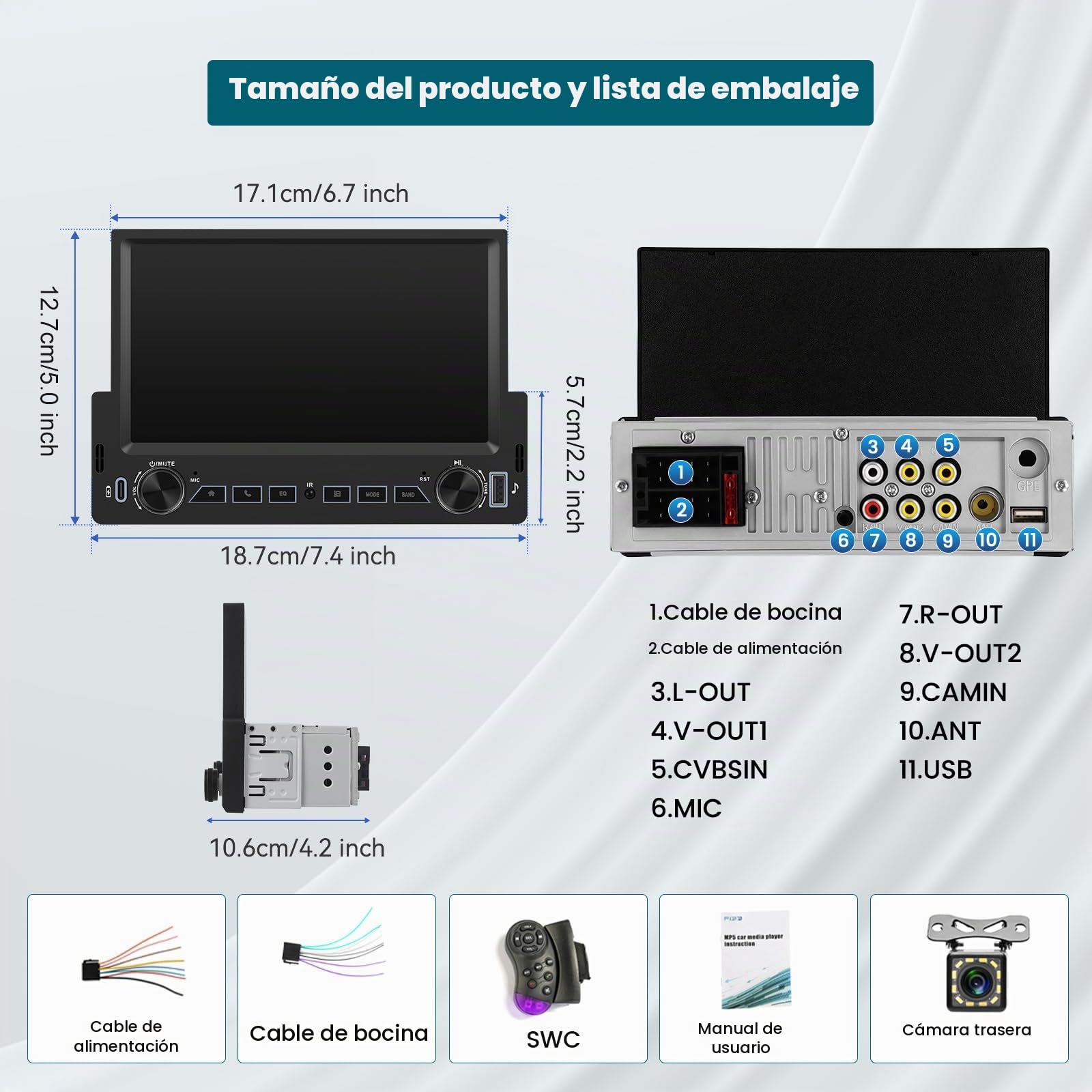 Hikity Radio Coche Bluetooth 1 DIN con Carplay Android Auto inalámbrico, Radio 1 DIN con Pantalla Táctil de 7 Pulgadas, Lien Miroir, Radio FM, Tipo-C + USB, SWC, EQ, Cámara Trasera