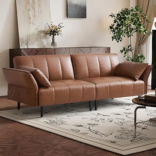 85”Faux Leather Futon Couch,Mid Century Modern Convertible Faux Leather Sofa with Adjustable Backrest,Armrest,2 Pillows,Wooden&Steel Frame for Office,Living Room,Space-Saving,Brown