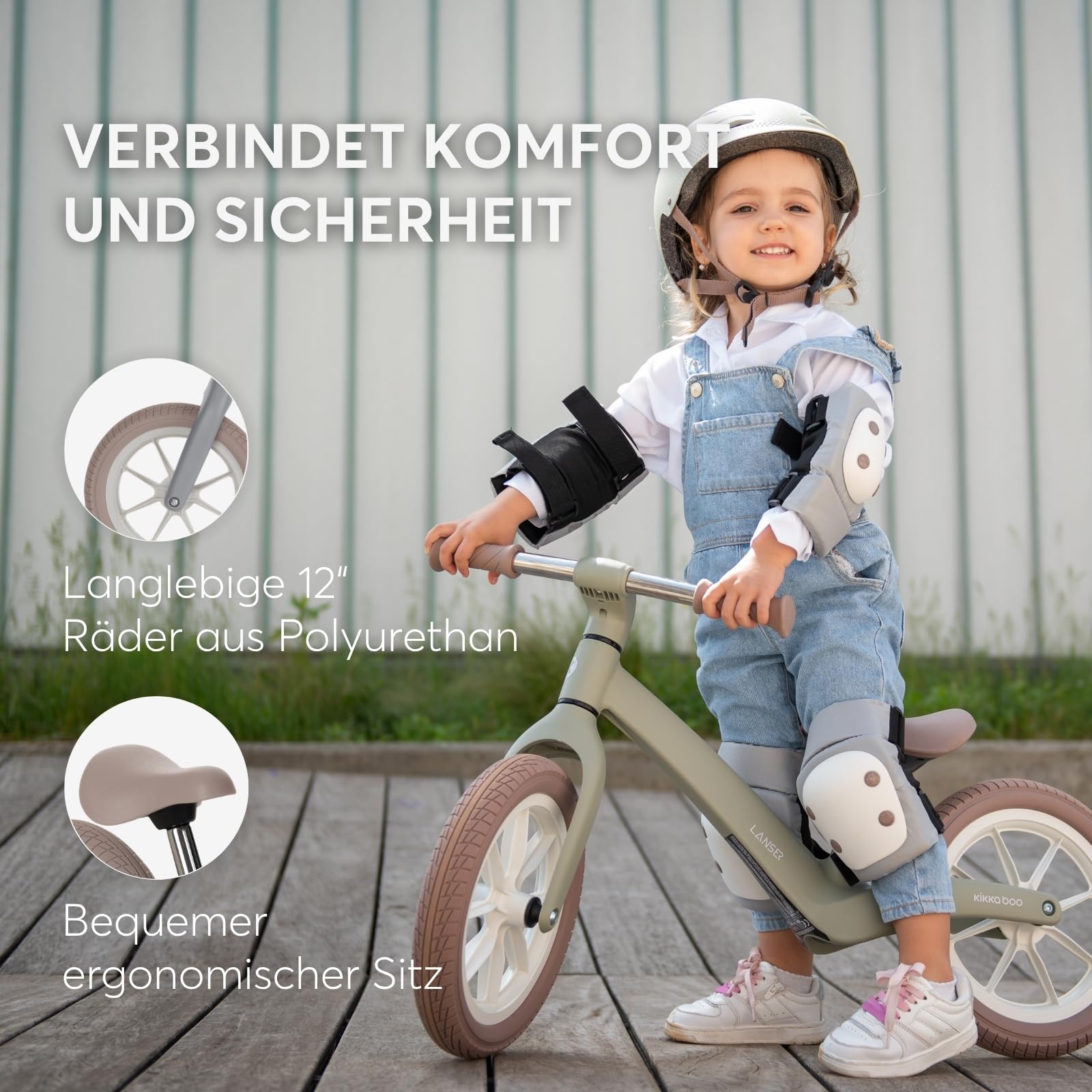 KikkaBoo Laufrad ab 3 Jahre LANSER, Ultraleichtes Balance Bike, 12 Zoll, Verstellbarer Sitz, Fahrrad für Kleinkinder 3-6 Jahre, Beige