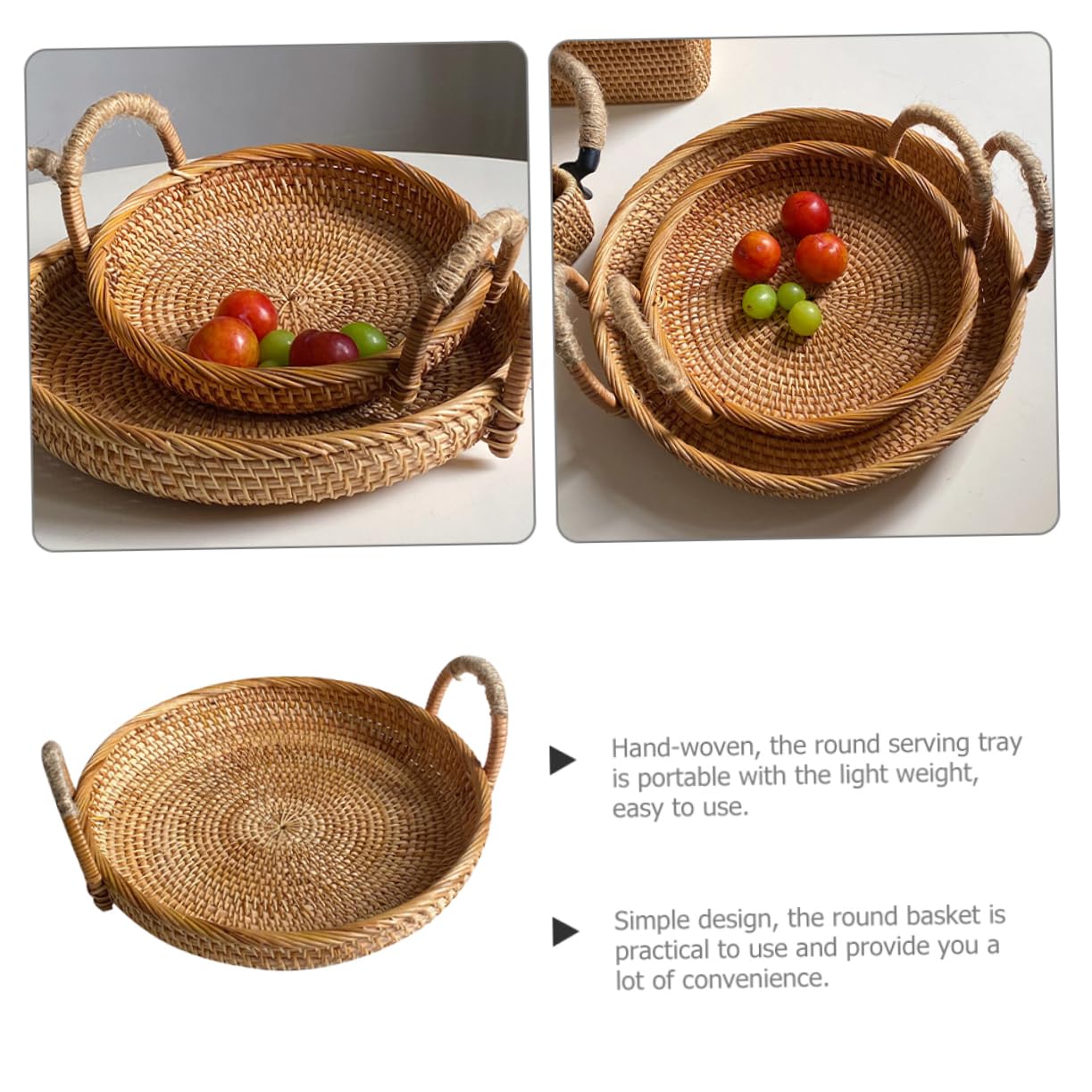 OKUMEYR Rattan Round Serving Tray Woven Coffee Table Basket with Handles for Kitchen Counter for Picnics Parties and Daily Use Storage for Fruits Snacks and Breads
