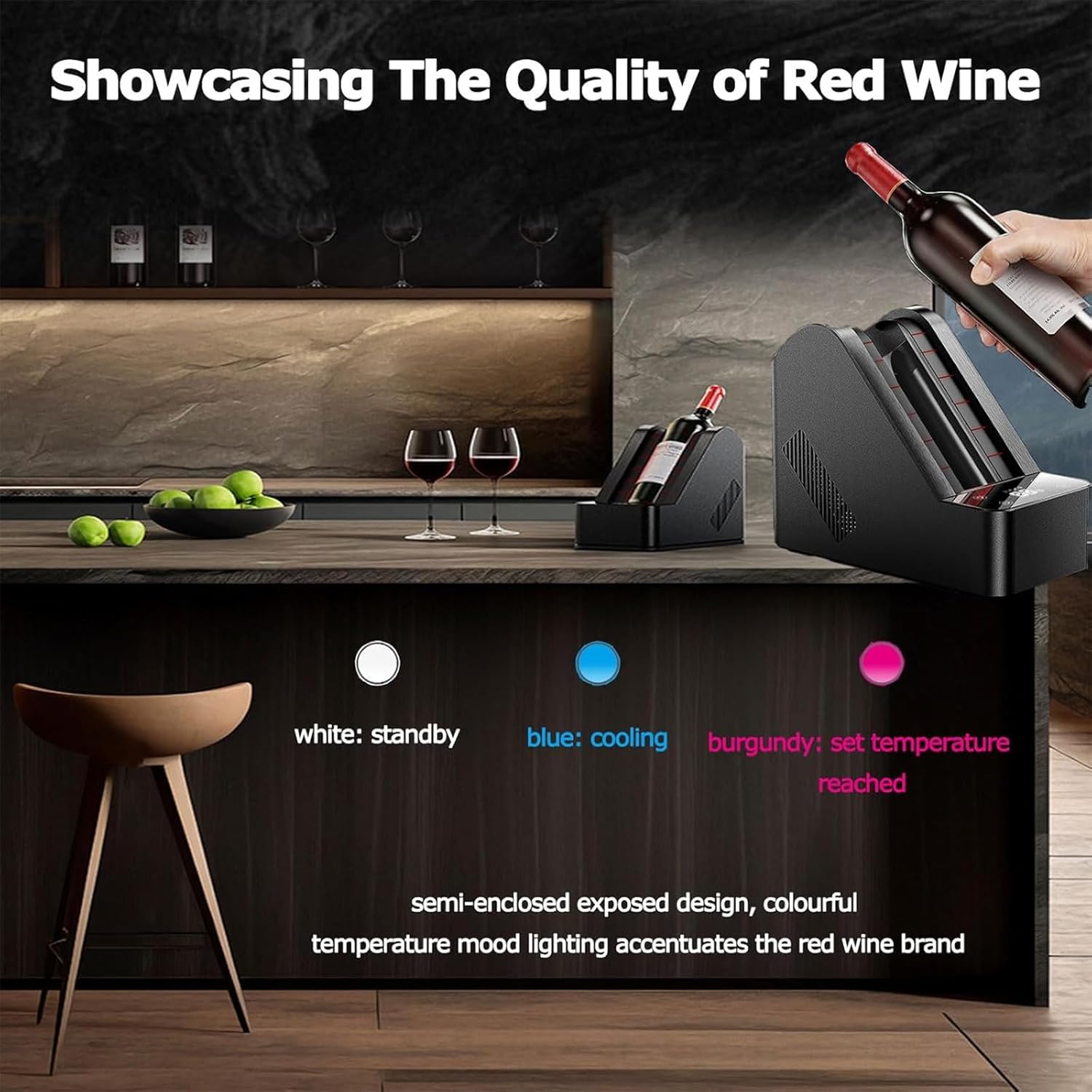 96.0Mm Single Bottle Wine Chiller, 750ml Electric Wine Cooler with Lcd Display and Ambient Light, Adjustable Temperature 0-20℃, Semi-enclosed Design, for Homes, Restaurants and Hotels