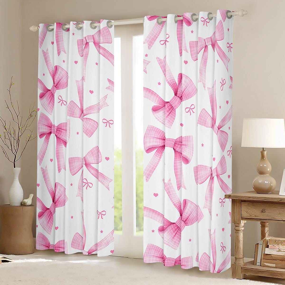 Homewish urocze różowe kokardki zasłony okienne 132 x 160 cm 2 zestawy paneli - modne kokietki kokardki zasłony zaciemniające kawaii wstążka wiązana węzeł zasłony okienne zasłony modny styl
