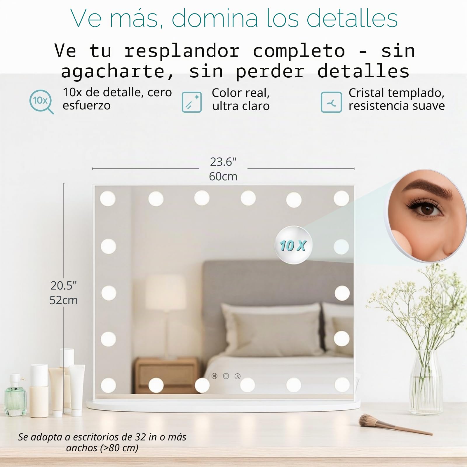 LUXFURNI - Espejo de cambiador de Hollywood de 26 x 21 pulgadas con luces, 18 bombillas LED con iluminación, espejo de maquillaje iluminado de 3 colores, mesa y montaje en pared, espejo de aumento de