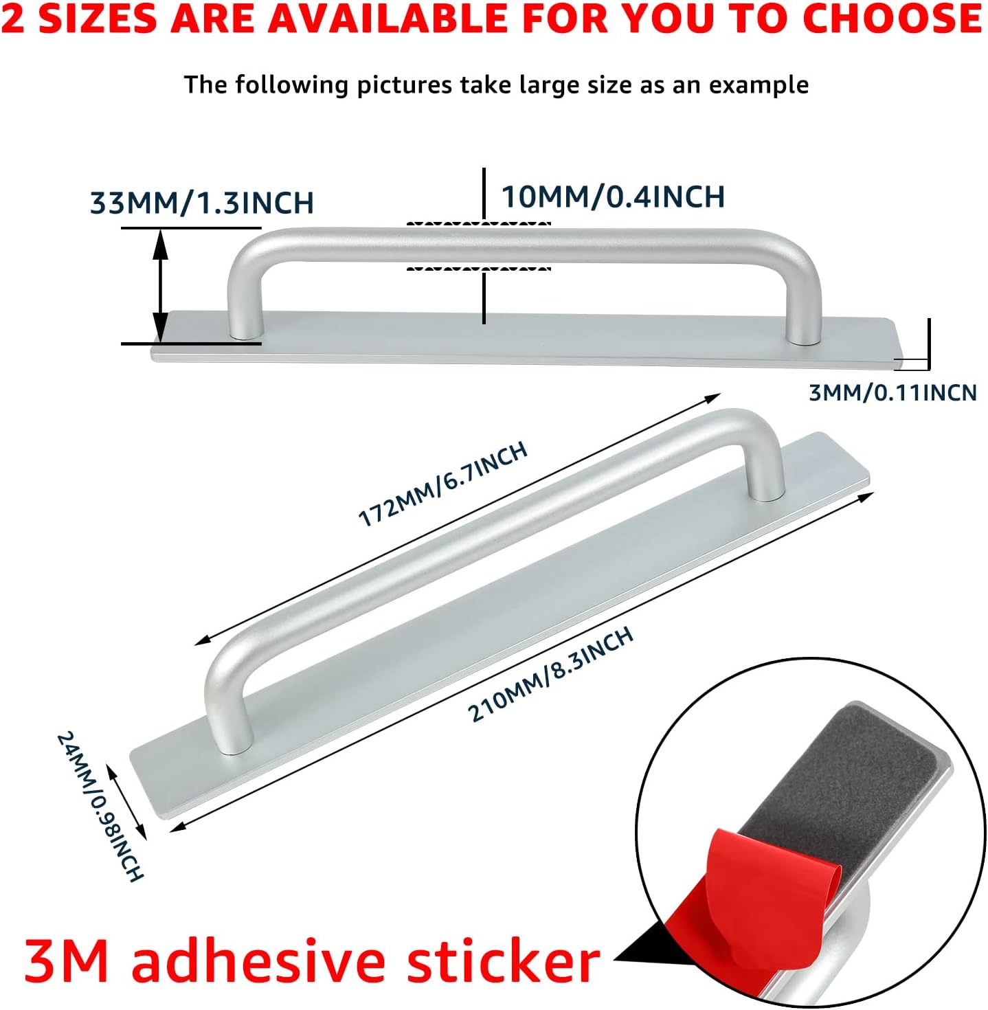 2pcs Self-Stick Instant Cabinet Drawer Handles Pulls | Aluminum Alloy Drawer Push Pull Handles Helper with Adhesive Door Handle for Kitchen Cabinet Drawer Window Sliding Closet (silver, Large(210mm))
