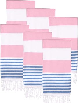 Turkish Beach Towels Set of 6 | Oversized, Quick Dry, Sand Free | 100% Cotton, Large 38x71 Towels for Beach, Pool, Travel |Soft, Compact, Absorbent | Pink/Blue