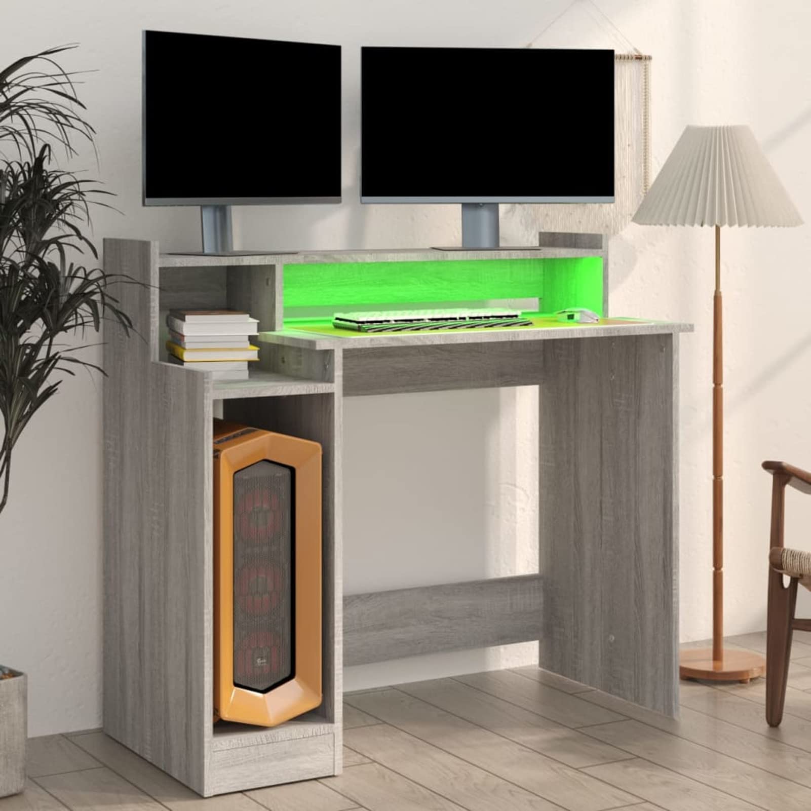 Homgoday Scrivania con Luci LED Grigio Sonoma 97x45x90 cm in Multistrato, Scrivania per Computer, Scrivania Salvaspazio, Tavolo Ufficio, Tavolo Scrivania, Scrivania Gaming per Cameretta