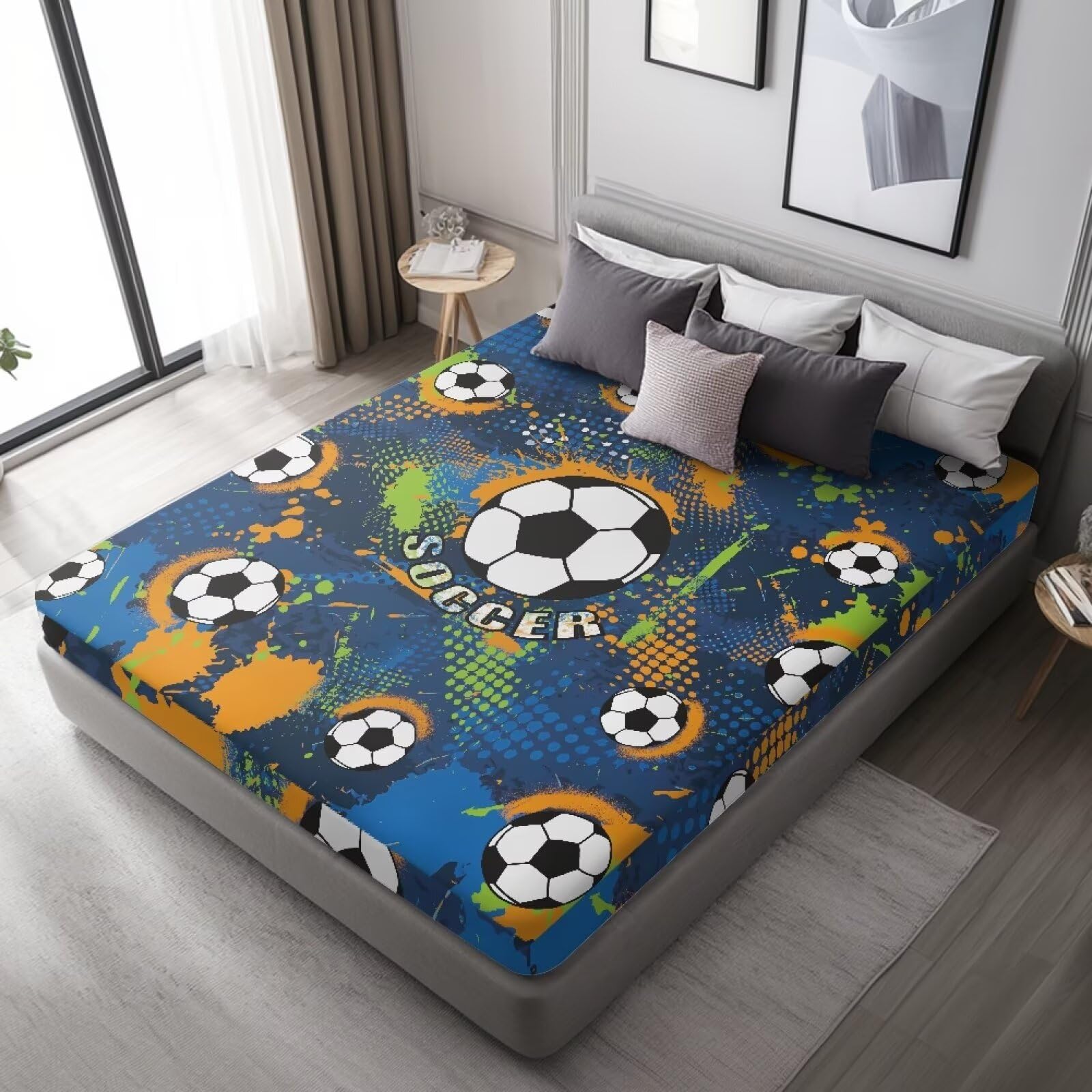 GLENLCWE Soccer Ball Print Bed Sheet Cal King Size for Kids Bedroom Decor Microfiber Cartoon Style Bed Cover with 16