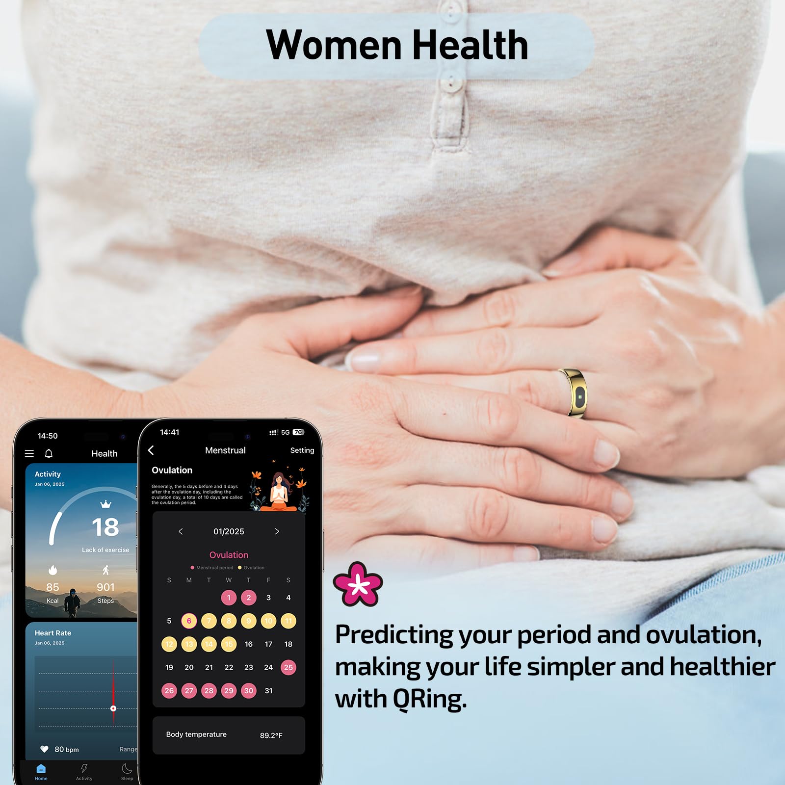 Smart Ring for Women & Men - Touch Control Health Tracker with Skin Temperature Monitoring, Sleep, Step & Exercise Tracking, Music & Video Control (Silver, 7) — view 3