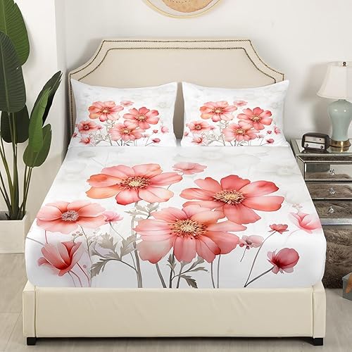 Miniatura 3 de Manfei Sábana bajera ajustable de flores rosas tamaño matrimonial, juego de ropa de cama floral acuarela de 3 piezas para niños, niñas, adolescentes