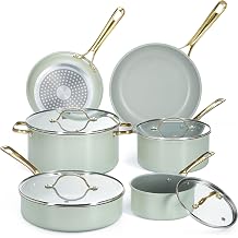 Chef Power Ceramic Cookware Sets, Pots and Pans Set Non Stick 10Pcs, Induction Kitchen Cooking Set with Stainless Steel Handle, Dishware & Oven Safe, Sage Green