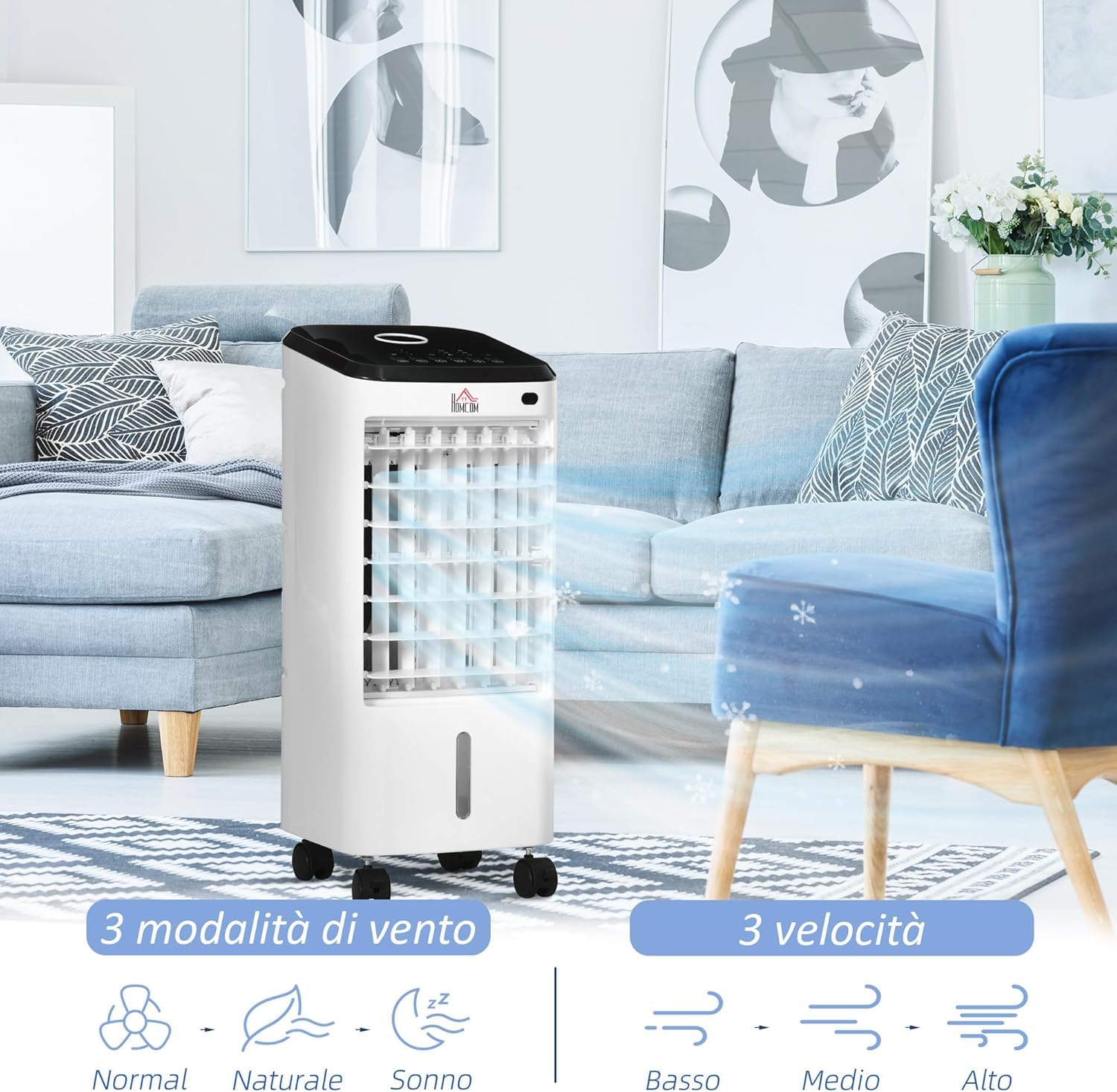 Condizionatore Portatile 3 in 1, Ventilatore, Umidificatore con Ghiaccio e Deumidificatore, 3 Velocità, 3 Modalità e Telecomando, con 6 pezzi di ghiaccio, 65W in ABS, 24x28x56 cm,Bianco