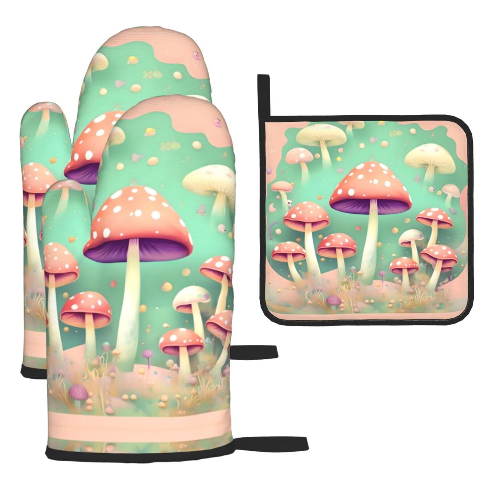 Dream Mushroom Oven mittens and oven mitts three-piece set suitable for oven, grilling, baking, microwave and home cooking.