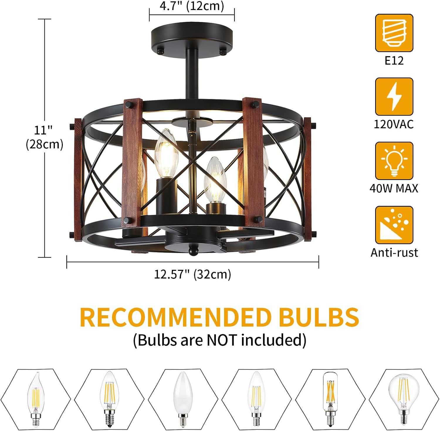 4-Light Farmhouse Wood Semi Flush Mount Ceiling Light, Black Hallway Light Fixtures, Rustic Industrial Close to Ceiling Light Fixtures for Kitchen Entryway Laundry Dining Room Ceiling Light Fixture