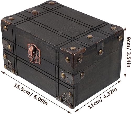 Miniatura 5 de Cabilock Caja del tesoro vintage de madera con cerradura y llave, baúl de almacenamiento de joyas retro para cumpleaños, fiesta de pirata, soporte