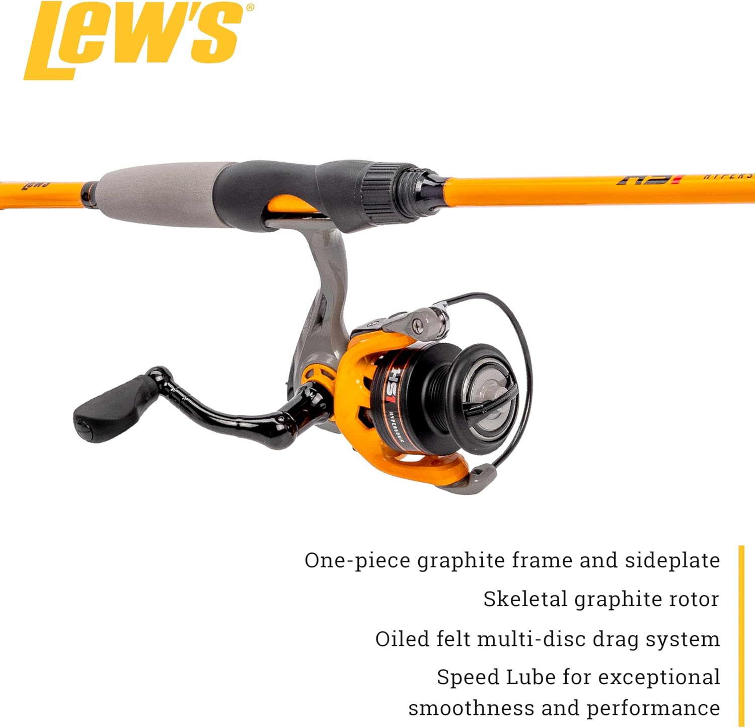 Lew’s Hypersonic Spinning Reel and Fishing Rod Combo, IM6 Graphite Rod with Fast Action, 3+1 Bearings, 5.1:1 Gear Ratio, Speed Lube, Orange/Gray