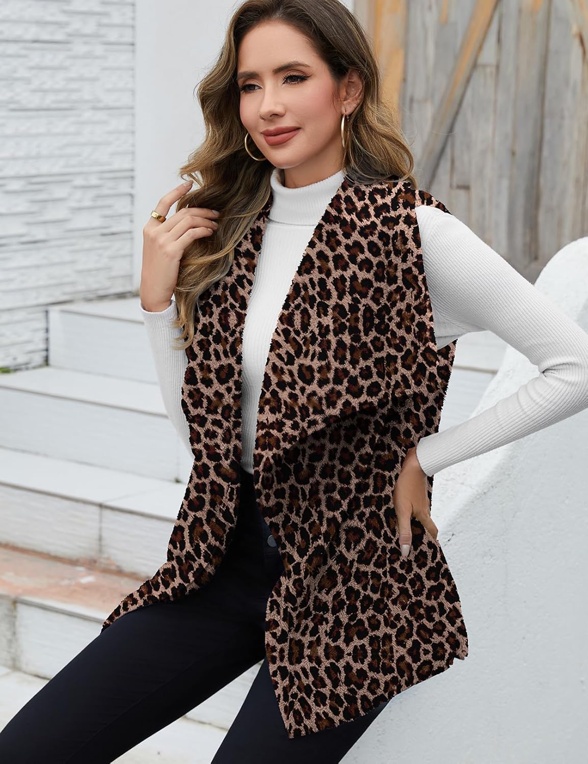 Women Fuzzy Fleece Vest Sleeveless Sherpa Jacket Winter Open Front Fluffy Outerwear Coats with Pockets - Image 5