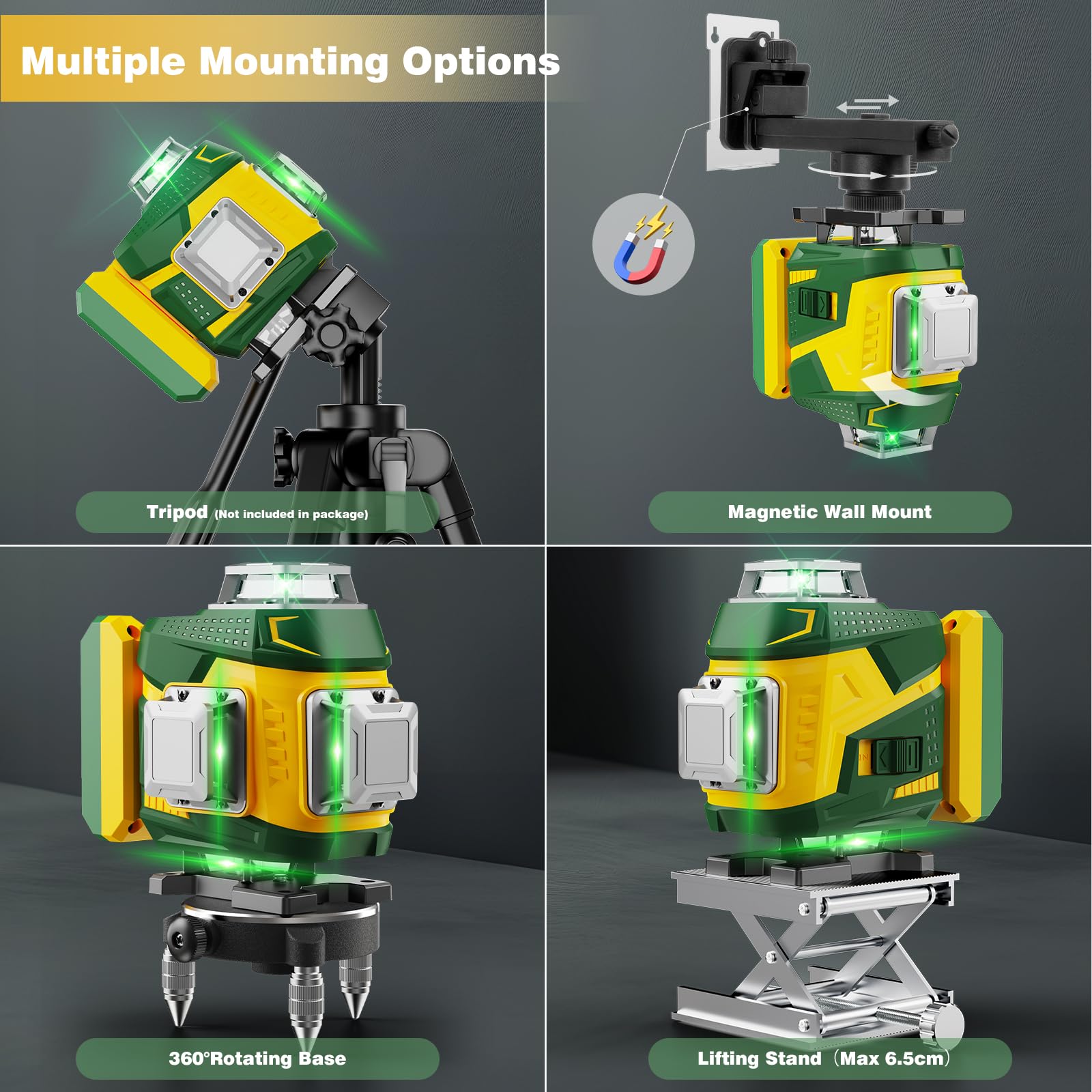 【Modalità a Impulsi】Livella Laser Autolivellante 360, Verde Livello Laser 16 Linee, Telecomadon, Ricaricabile Typ-C, 2×5400mAh Batterie