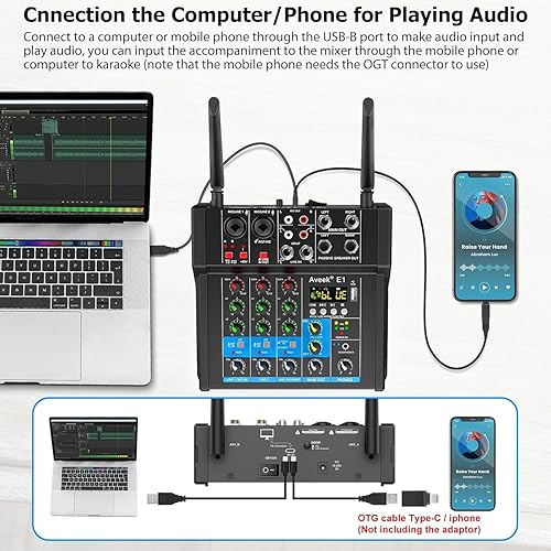 Miniatura 3 de Aveek Amplificador mezclador de audio de 150 W x2, 4 canales con micrófono inalámbrico dual, consola de placa de sonido MP3, entrada digital USB